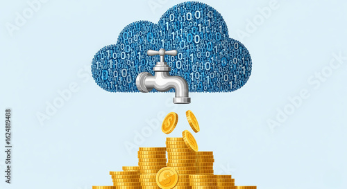 Data Monetization Vector Concept with Cloud Faucet Dripping Coins