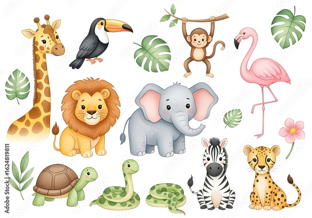 Fototapeta premium jungle animals cartoon kids clipart set for nursery decor