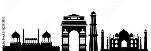 Black and White Silhouette of Indian Landmarks. Silhouette of Indian most popular arch place. historic place of india skyline vector illustration. 