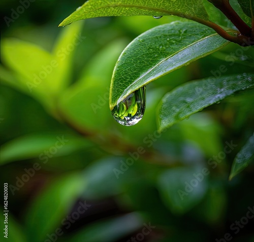 Close-up of a water droplet hanging from a vibrant green leaf