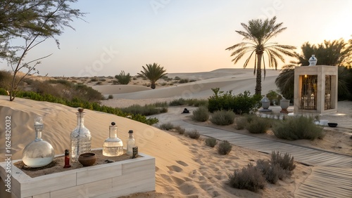 Desert landscape with glass bottles on a stone table and palm trees in the background at sunset