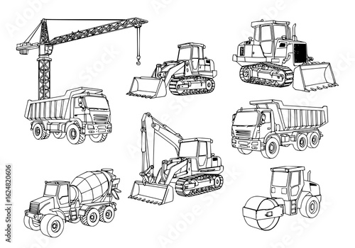Construction vehicle silhouette collection showcasing a crane, bulldozer, and dump truck shapes