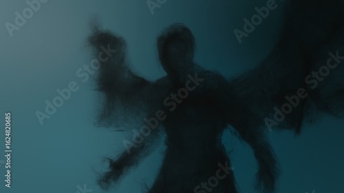 3d animation of an angel or demon built from particles