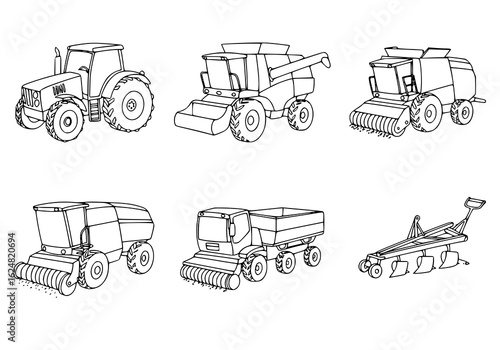 Farm machinery silhouette collection showcasing various agricultural vehicles and equipment, perfect for farming themes