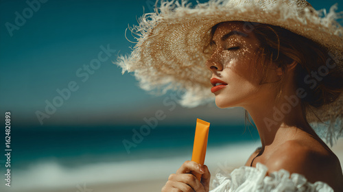 Woman applying sunscreen at beach in summer sunlight. Summer skincare concept.
