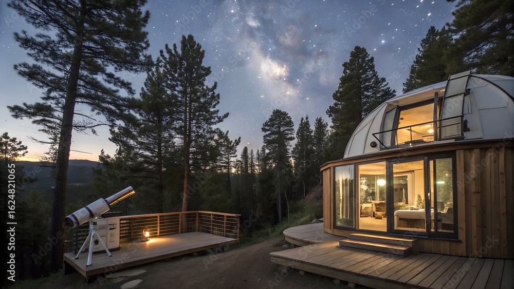 Obraz premium A telescope and dome house under a starry night sky surrounded by tall trees in a forest setting