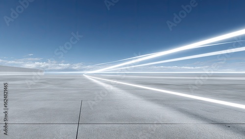 Empty paved area with light trails under a clear sky.