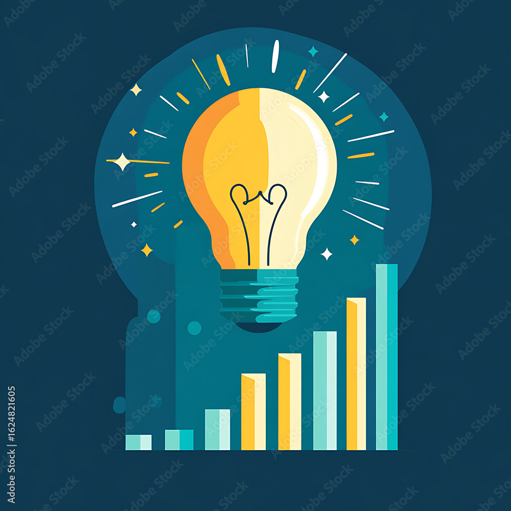 A bright light bulb symbolizes ideas and innovation, set against a backdrop of rising bars, representing growth and progress. A bright light bulb symbolizes ideas and innovation, set against a backdrop of rising bars, representing growth and progress.