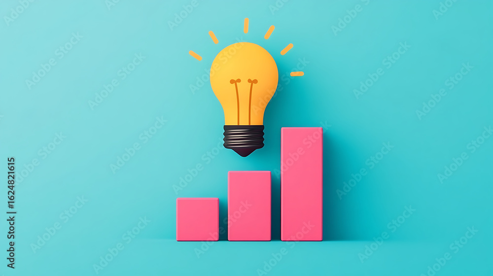 A bright light bulb above three pink bar graphs, symbolizing growth, ideas, and innovation against a turquoise background. A bright light bulb above three pink bar graphs, symbolizing growth, ideas, and innovation against a turquoise background.