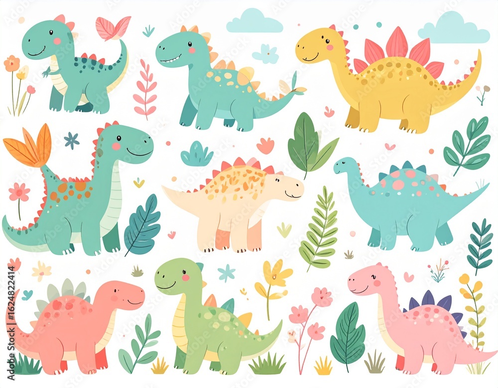 Naklejka premium Cute dinosaurs big bundle. Dino set. Collection with Tyrannosaurus rex, Stegosaurus