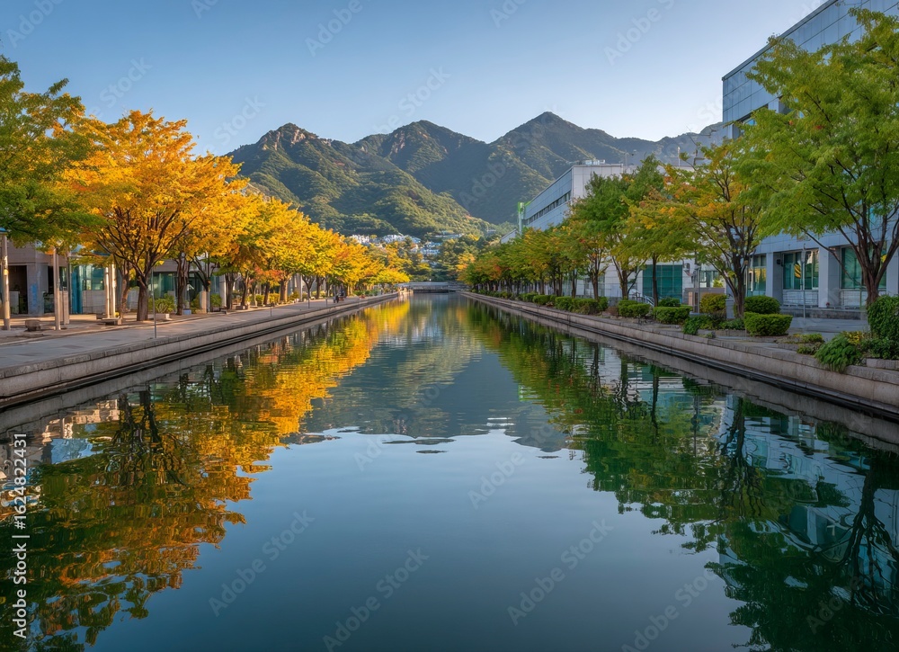 Gangneung River in the city of Gangneung, autumn season, reflection on water surface, distant view of Nangsan Mountain and subway station building with trees at both sides, daytime, Gangneung River in the city of Gangneung, autumn season, reflection on water surface, distant view of Nangsan Mountain and subway station building with trees at both sides, daytime,