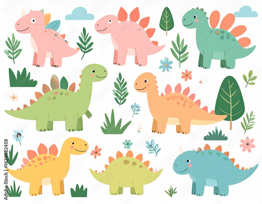 Naklejka premium Cute dinosaurs big bundle. Dino set. Collection with Tyrannosaurus rex, Stegosaurus
