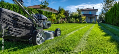 The vibrant lawn mower cutting a beautifully manicured grass field in a garden.