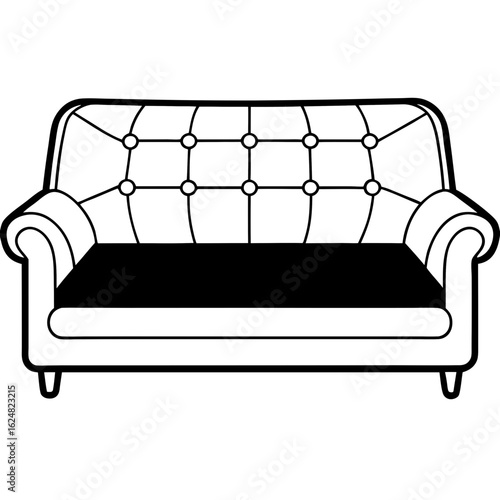 Modern couch with cushions – black line art vector