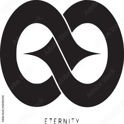 Black eternity symbol with sharp points on a white background and the word eternity beneath it in dark letters