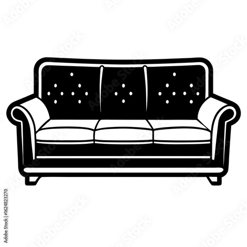 Modern couch with cushions – black line art vector