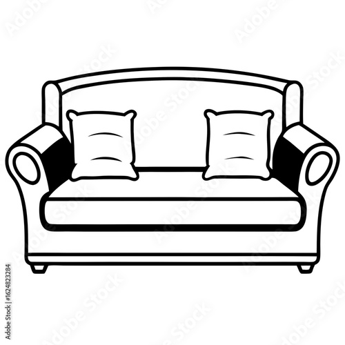 Modern couch with cushions – black line art vector