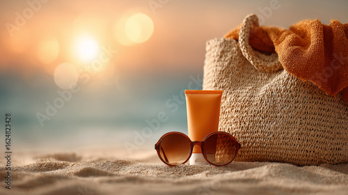 Beach still life with sunscreen and bag at sunset. Summer vacation concept.