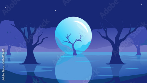 surreal twilight landscape with gnarled trees