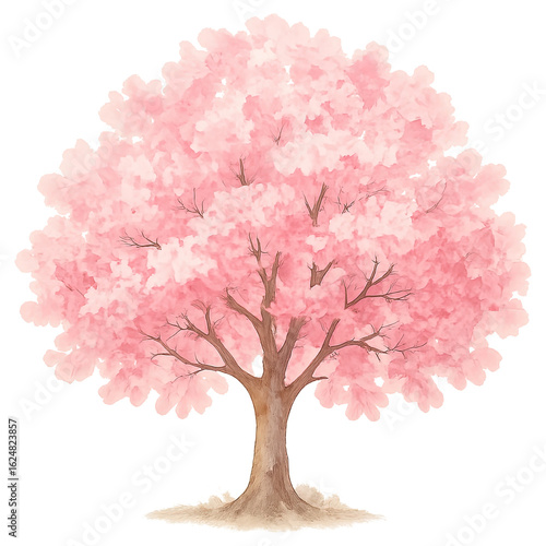 Sakura Tree on transparent background. Pink Cherry Blossom. Watercolor style.