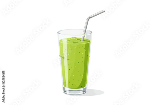 A glass filled with a green smoothie and a silver straw sits on a white surface