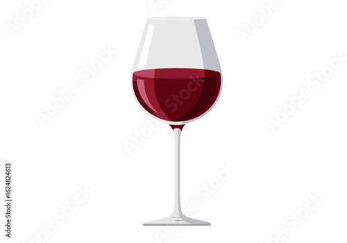 A glass filled with red wine standing upright with a clear stem and base