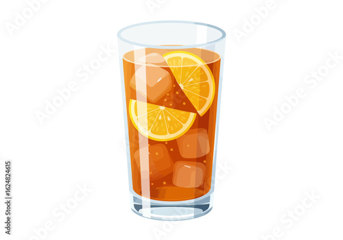 A glass filled with iced tea and orange slices