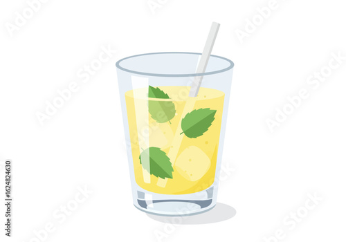 A glass filled with yellow liquid ice cubes mint leaves and a straw
