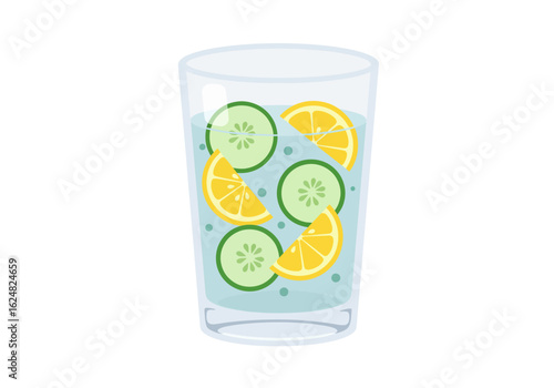 A glass of infused water filled with cucumber and lemon slices is displayed on a white background