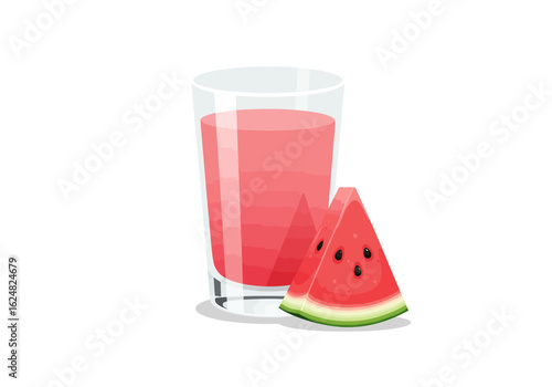 A glass of watermelon juice is next to a slice of watermelon on a white background