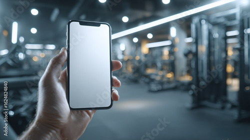 Hand holding smartphone with blank screen in gym. Fitness app mockup concept.