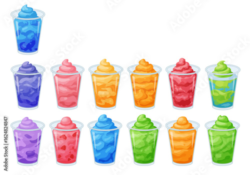 An assortment of brightly colored slushies arranged in rows on a white background