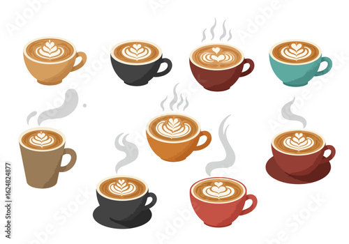 Array of steaming coffee cups each with latte art set against a white background