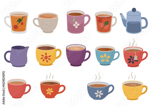 Assorted teacups a teapot and a creamer in colorful cartoonstyle illustrations