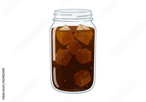 Dark soda filled glass jar with ice cubes