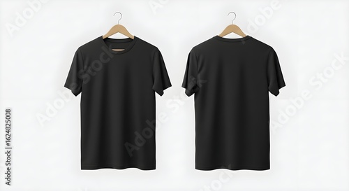 Two views of a blank black t-shirt on wooden hangers, one showing the front and the other the back, against a solid white background.