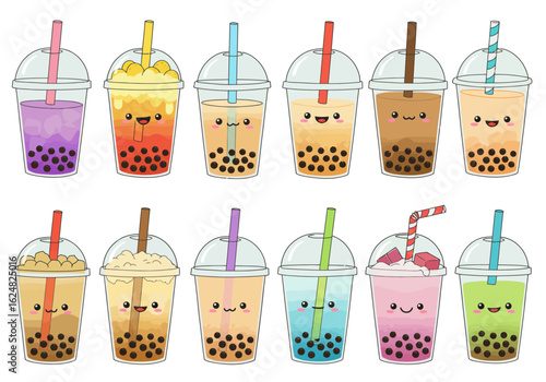 Cute bubble tea drinks line the frame each with a different color liquid and a straw
