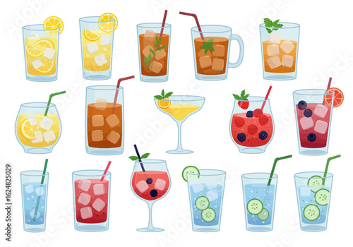Drinks Array of fifteen varied beverages displayed against a white background with ice and garnishes