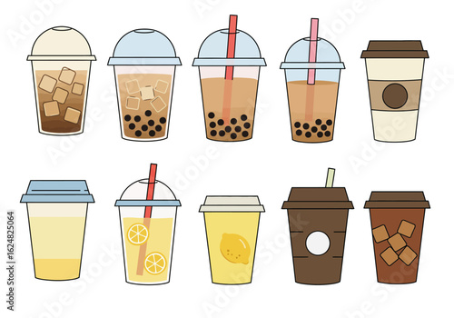 Drinks assortment featuring various iced beverages boba teas coffee cups and lemonade in containers