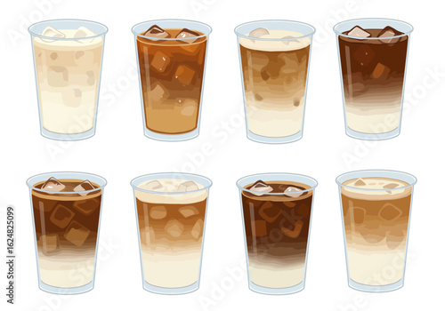 Eight glasses of iced coffee in various shades