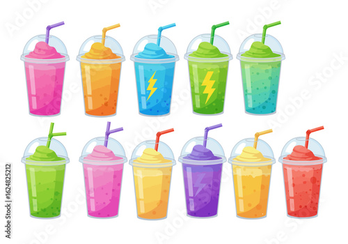 Eleven colorful smoothies or slushies in clear plastic cups with straws are arranged against a white background