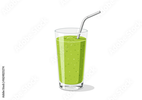 Green smoothie in a glass with a metal straw on a white background