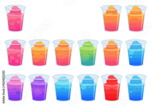 Fifteen plastic cups filled with colorful frozen drinks arranged in rows showcasing various flavors and vibrant gradients