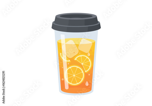 Glass of orange drink w ice citrus slices  gray lid on a white background