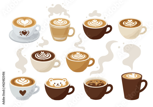 Illustration of ten coffee cups with latte art designs steam and assorted cup styles and colors set against a white background