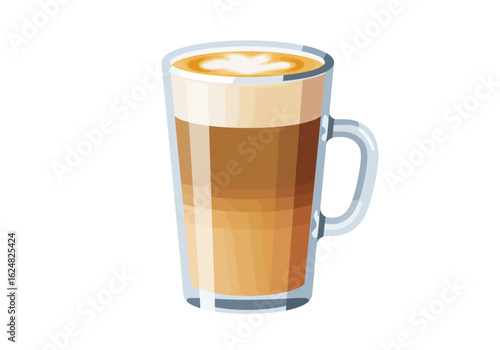 Latte in a glass mug with a layer of foam and coffee resting on a white background