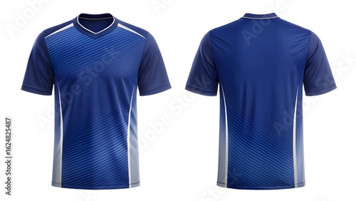 Mockup Front and back view of a blue and gray athletic t-shirt with short sleeves on a white background.