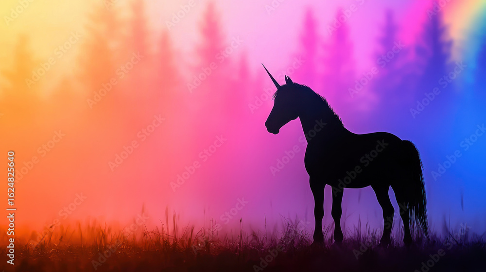 Naklejka premium Majestic unicorn silhouette stands against vibrant, colorful background of misty trees, evoking sense of magic and wonder