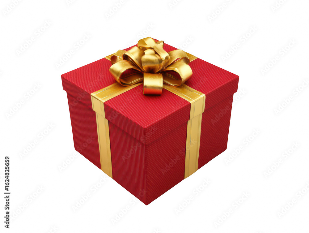 Obraz premium Exquisite red textured gift box adorned with luxurious golden ribbon and bow, presented elegantly on transparent background
