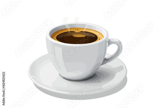 Steaming coffee in white cup on saucer casting shadow on white background